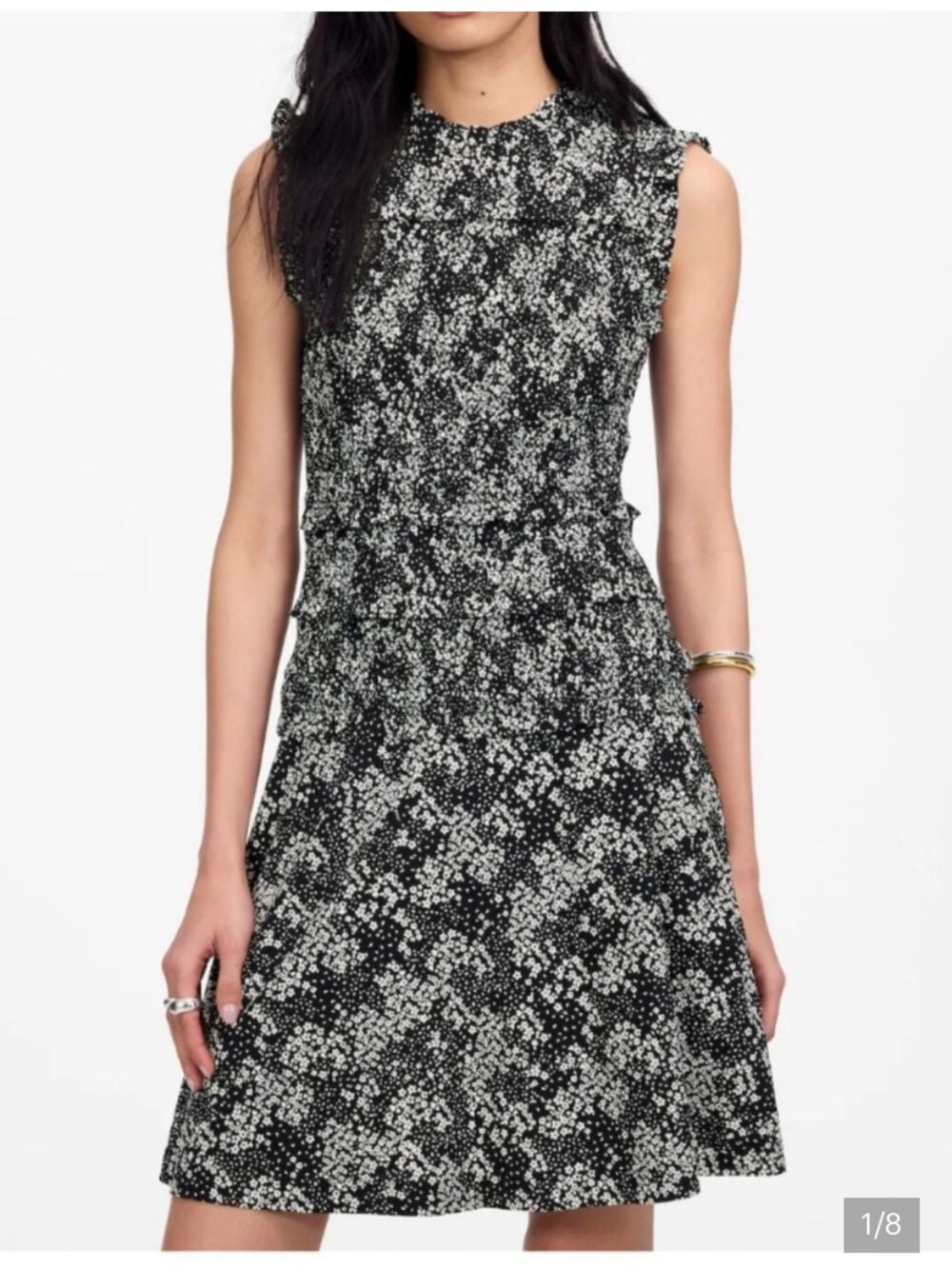 Madewell Black & White Floral Ruffled Sleeveless Dress